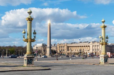 Paris, France - March 13 2020: View of Luxor Obelisk and Maritime Fountain at Place de la Concorde