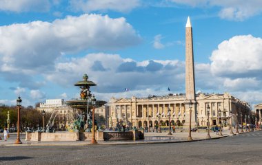 Paris, France - March 13 2020: View of Luxor Obelisk and Maritime Fountain at Place de la Concorde