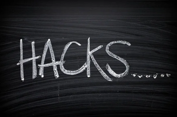 Hacks一词写在黑板上 用来提醒人们寻找解决问题的捷径 免版税图库图片