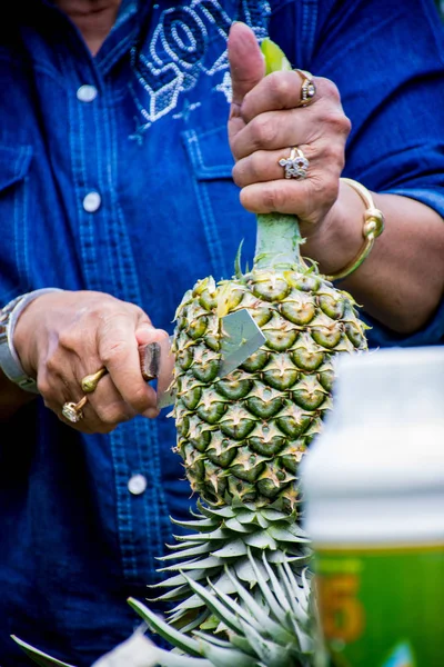 Ananas znajduje się w zielonym polu. — Zdjęcie stockowe