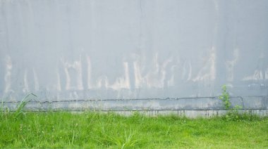 Eski gri beton duvar soluk ve kırık ve yeşil çim altında var