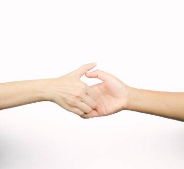 İki kişi, bir sembol kopya alanı ile beyaz arka plan üzerinde izole rekabet arasında closeup parmak güreşi