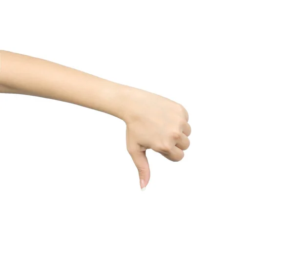 Ásia mulher mão com polegar para baixo mão sinal isolado no branco fundo — Fotografia de Stock