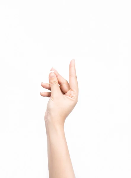 Fechar a mão feminina asiática segurando cartão de visita virtual com o dedo — Fotografia de Stock