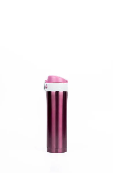 Pink thermos bottle isolated on white background with copy space — Stock Photo, Image