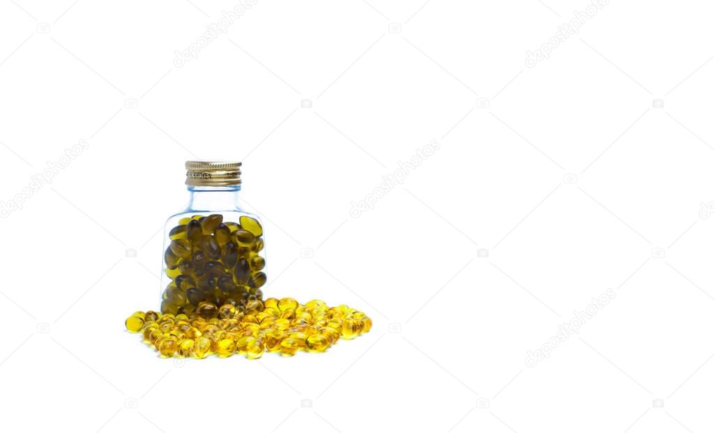 Cod liver oil in translucent plastic bottle with blank label on white background. Source of Omega-3 and vitamin A & D helps growth development and absorption of calcium and phosphorous in the body