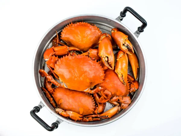 Top view of Scylla serrata. Steamed crab in a pot isolated on white background with copy space. Seafood restaurants concept. — Stock Photo, Image