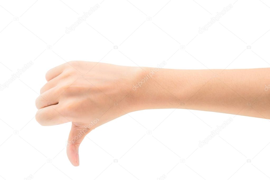 Woman hand show thump down isolated on white background with clipping path