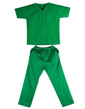Yeşil Beyaz arka plan üzerinde izole Tekdüzen scrubs. Yeşil gömlek ve pantolon hayvan hastalıklarıyla ilgili, doktor veya hemşire