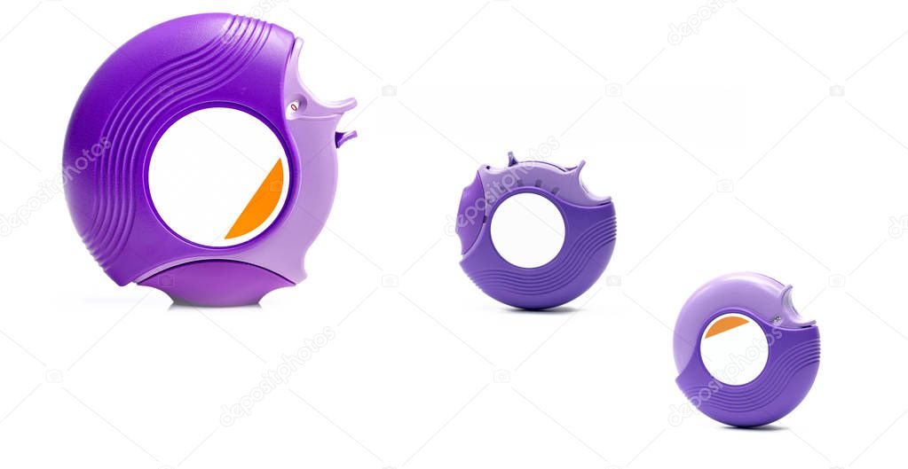 Three asthma accuhaler isolated on white background with copy space. Asthma inhaler for treatment asthma, Asthma controller. Steroid and bronchodilator medicine in purple accuhaler