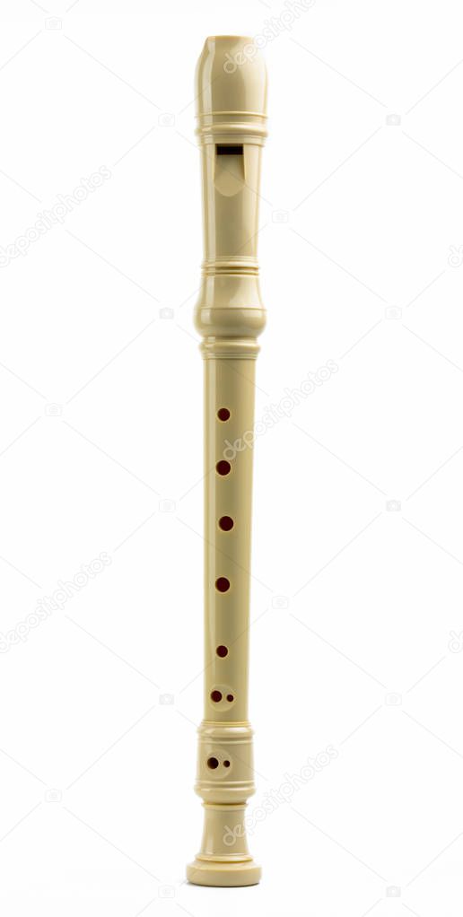Soprano (Descant) recorder. Plastic recorder flute isolated on w