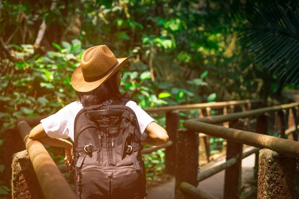 Turista asiática con sombrero y mochila de pie y empezar a caminar por el puente sendero de la naturaleza en el bosque tropical. Solo viajero joven mujer de vacaciones en verano — Foto de Stock