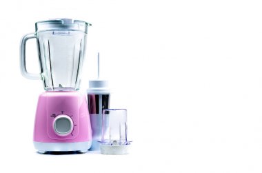 Boş pastel mor elektrik blender filtre, kalın cam sürahi, Kuru taşlama ve beyaz arka plan üzerinde izole hız seçici. Sağlıklı yaşam için blender ve taşlama makinesi. Mutfak aletleri
