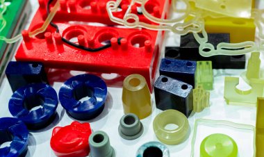 Engineering plastics. Plastic material used in manufacturing industry. Global engineering plastic market concept. Polyurethane and abs plastic parts materials. Plastic injection machine products.  clipart