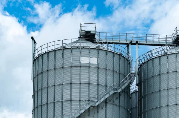 Silo agrícola en fábrica de molinos de piensos. Tanque grande para almacenar grano en la fabricación de piensos. Torre del caldo de semillas para la producción de piensos. Piensos comerciales para la industria ganadera, porcina y pesquera. — Foto de Stock