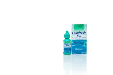 CHONBURI, THAILAND-JANUARY 26, 2020 : Cellufresh MD lubricant eye drops. Artificial tears in green bottle. Sterile eye drops bottle isolated on white background. Eyedrops bottle with box packaging.