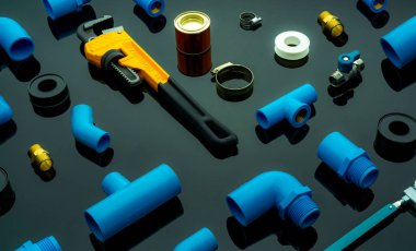 Tesisat aletleri. Tesisat malzemeleri. Mavi PVC boru tesisatı, tutkal kutusu ve İngiliz anahtarı. Tesisat tamiri ve bakım servisi. Tesisat işi için DIY araçları koyu arkaplanda izole. 