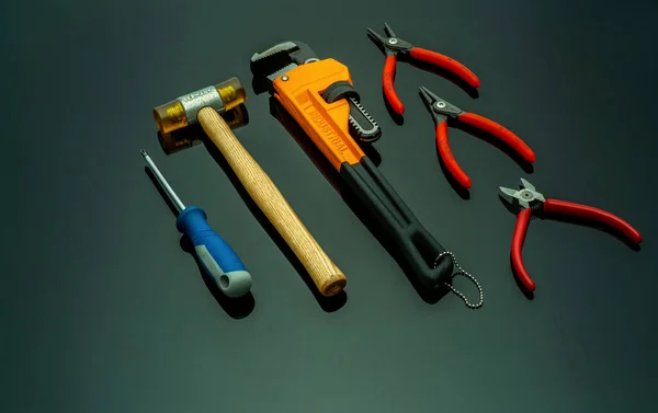 Set Mechanic Tools Isolated Black Background Screwdriver Red End Cutter — Stock Photo, Image