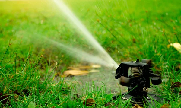 Automatic Lawn Sprinkler Watering Green Grass Garden Yard Irrigation System — Stock Photo, Image