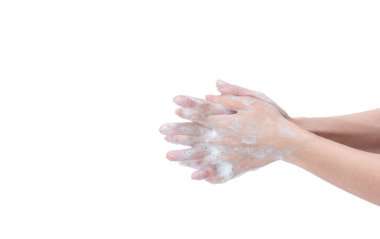 Kadın elini sabun köpüğü ve suyla yıkıyor. Koronavirüsü veya grip salgınını önlemek için el temizliği. Mikropları, virüsü ve bakterileri öldürmek için el yıkama prosedürü. Kirli elleri temizlemek.. 