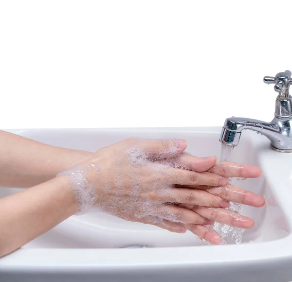 Mulher Lavar Mão Com Espuma Sabão Água Torneira Banheiro Mão — Fotografia de Stock