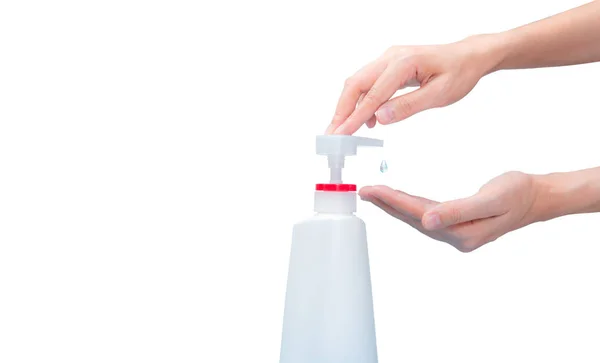 Woman Hand Pump Hand Sanitizer Plastic Bottle Drop Alcohol Gel — Stock Photo, Image