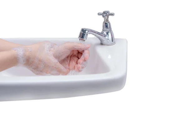 Donna Lavarsi Mano Con Schiuma Sapone Acqua Rubinetto Bagno Lavare — Foto Stock