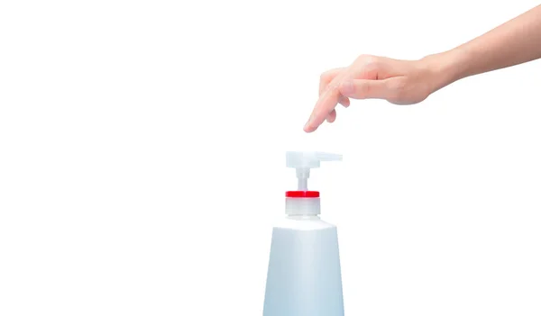 Frau Handpumpe Händedesinfektionsmittel Aus Plastikflasche Alkohol Gel Auf Handfläche Fallen — Stockfoto