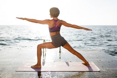  Onu geri ile ayakta ve eller eğitim yoga yaparken bir kenara çekerek siyah kısa saçlı olan kadın deniz kenarında teşkil etmektedir. Sportif üst ve pratik yoga arka plan üzerinde muhteşem deniz manzaralı şort genç bayan