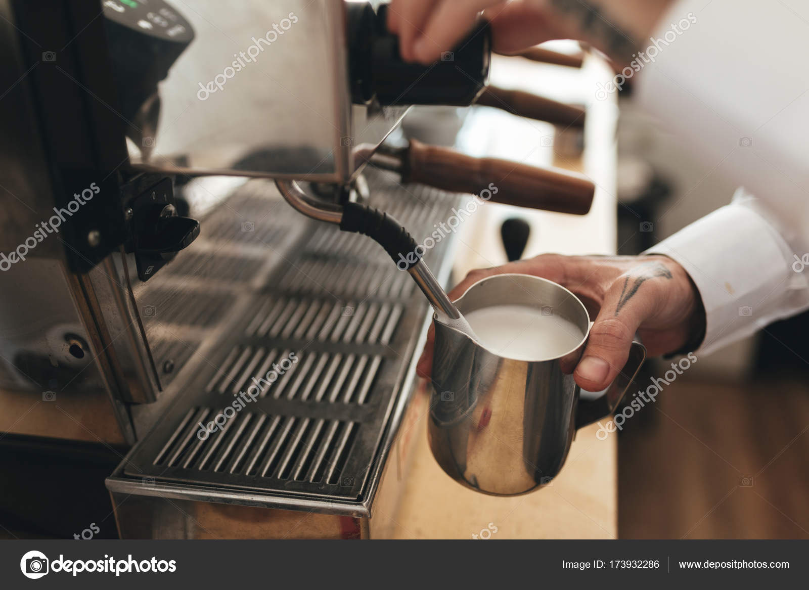 Process Of Preparing Milk Foam For Cappuccino Heating And Whipping Machine  Whips Milk For Coffee Small Business Concept Stock Photo - Download Image  Now - iStock