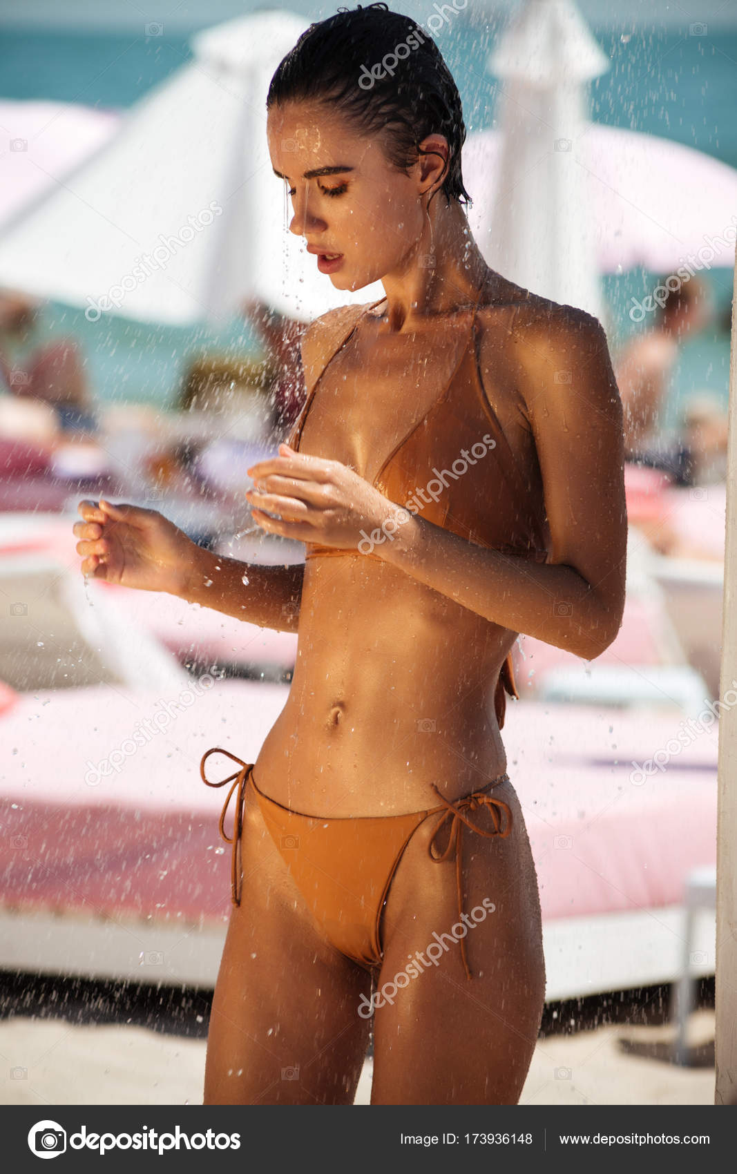 Portrait Of Beautiful Closing Girl Bikini Dreamily Pensive In Beige vNm8n0w
