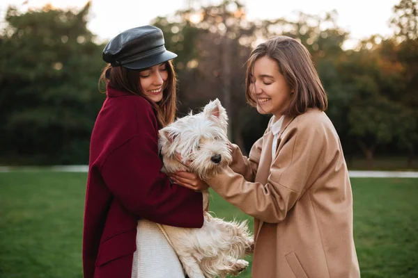 Porträtt av två vackra leende damer står i parken och leka med deras söt liten hund — Stockfoto