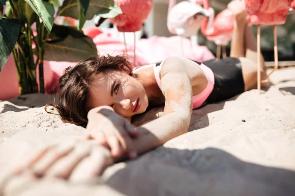 Красивая девушка в модном купальнике лежит на песке и задумчиво смотрит в камеру с искусственными розовыми фламинго рядом на пляже. Портрет юной леди, лежащей на песке и позирующей перед камерой Лицензионные Стоковые Фото
