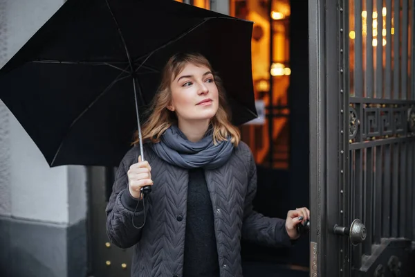 Portrait Pretty Lady Standing Street Black Umbrella Looking Aside Isolated — Stock Photo, Image