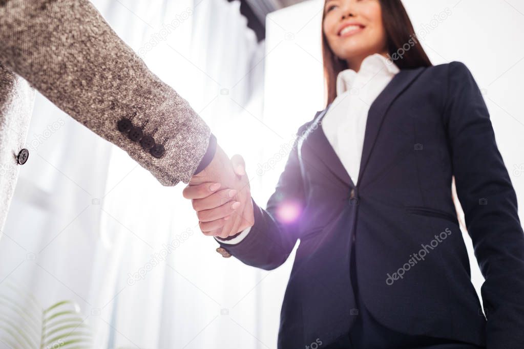 Portrait of business handshake in office isolated