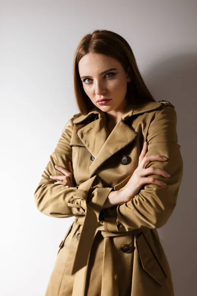 Portrait Beautiful Lady Trench Coat Standing Mysteriously Looking Camera Isolated — Stock Photo, Image