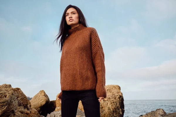 Attraktiv afslappet asiatisk pige i hyggelig strikket sweater, der opmærksomt kigger væk ved havet - Stock-foto