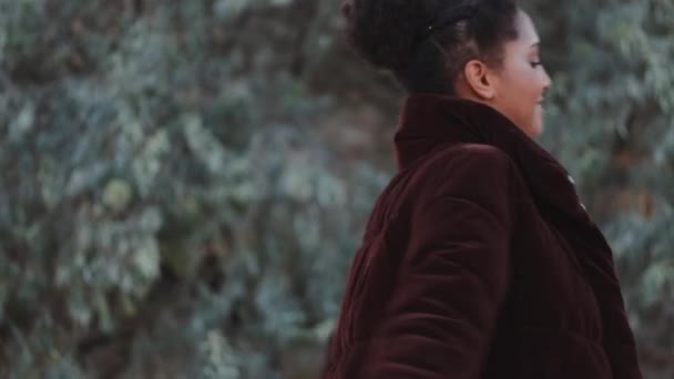 Довольно Улыбающаяся Афроамериканка Пуховике Радостно Позирует Перед Камерой Открытом Воздухе — стоковое видео