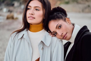 Güzel Afrikalı Amerikalı bir kızın portresi kameraya bakıyor ve güzel Asyalı bir arkadaşla sahilde duruyor.