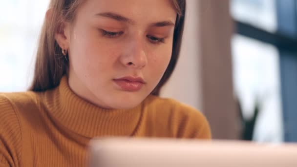 Porträt Der Schönen Lässigen Studentin Pullover Die Café Fröhlich Laptop — Stockvideo