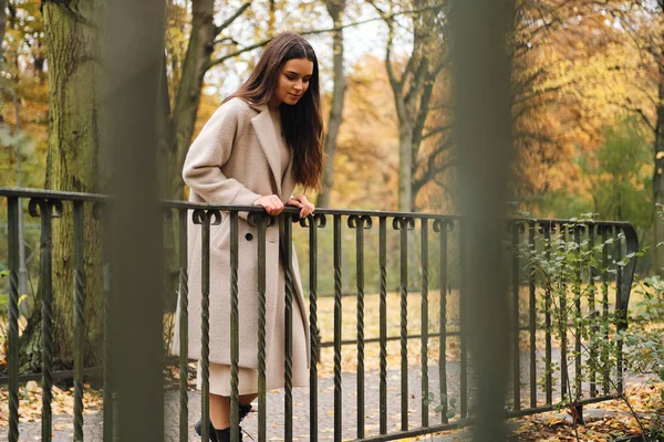 Довольно стильная брюнетка в пальто мечтательно гуляющая одна в осеннем парке — стоковое фото