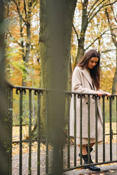 Atractiva chica morena casual en abrigo pensativamente caminando sola en el parque de otoño — Foto de Stock