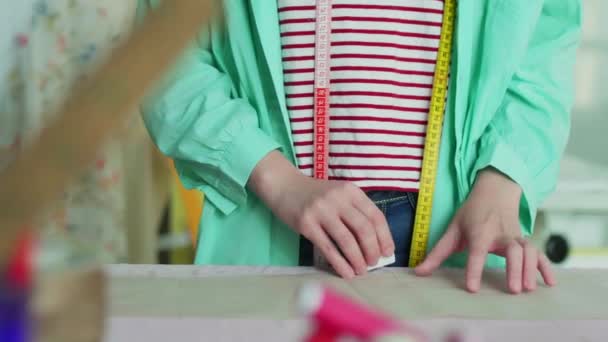 Close Shot Young Fashion Designer Working New Collection Tailor Studio — Stockvideo