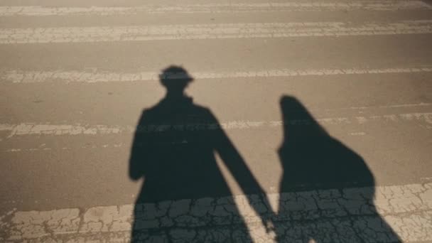 Ombre Jeune Couple Amoureux Sur Trottoir Silhouette Couple Tenant Main — Video