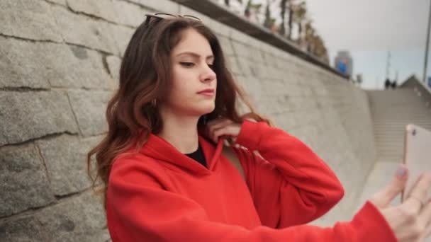 Attractive Casual Hispanic Girl Intently Taking Selfie Smartphone Outdoor — Stock Video