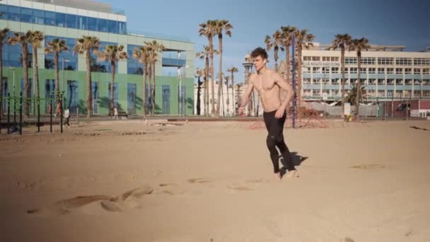 Young Attractive Muscular Man Doing Somersault Side Flip Workout City — Stock Video