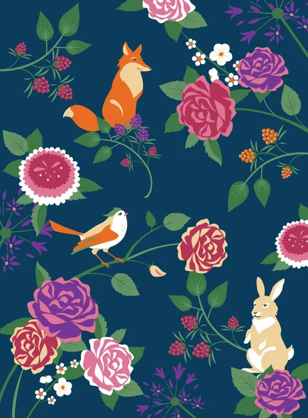 Forest flowers, animals and birds background