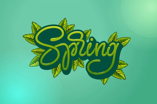 Groene letters lente met bladeren op turkooizen achtergrond. Typografie hand getekende logo, kentekenpictogram typografie. Belettering lente seizoen voor wenskaart, uitnodiging sjabloon. Vectorillustratie. — Stockvector