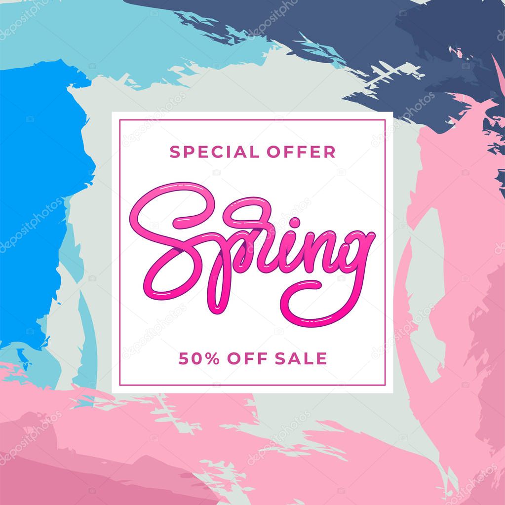 Special offer Spring 50 Off Sale. Template for banner, card, poster. Handmade typography. Vector illustration.