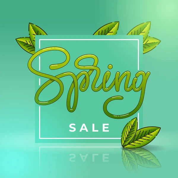 Spring Sale Banner with square frame and leaves. Template for banner, card, flyer, poster. Handmade typography. Vector illustration. — Stock Vector